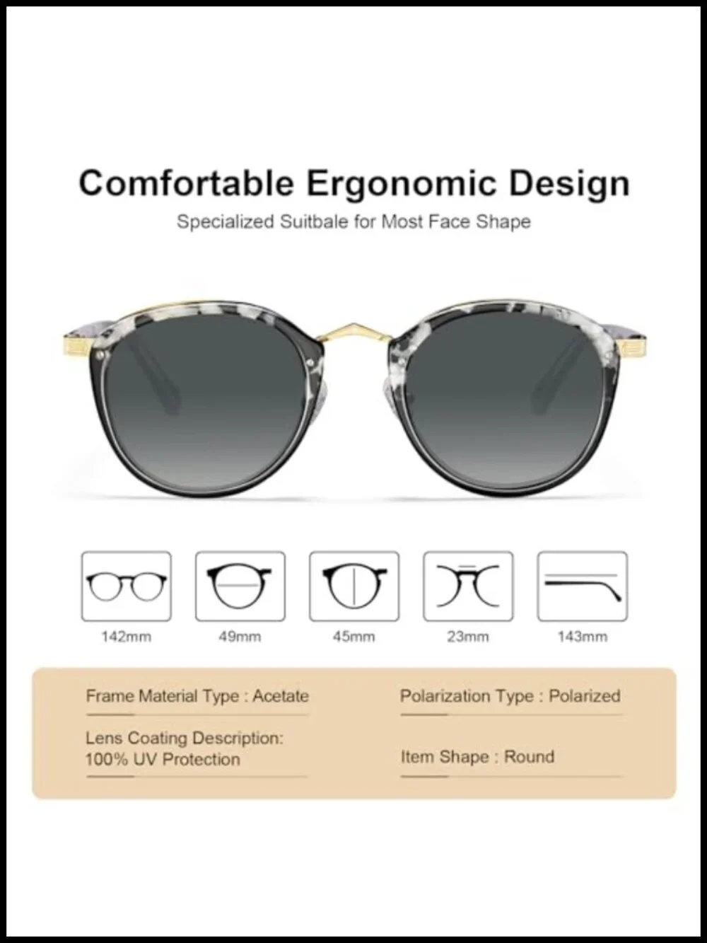 Acetate Metal Bridge Retro Round Sunglasses Polarized UV Protection
